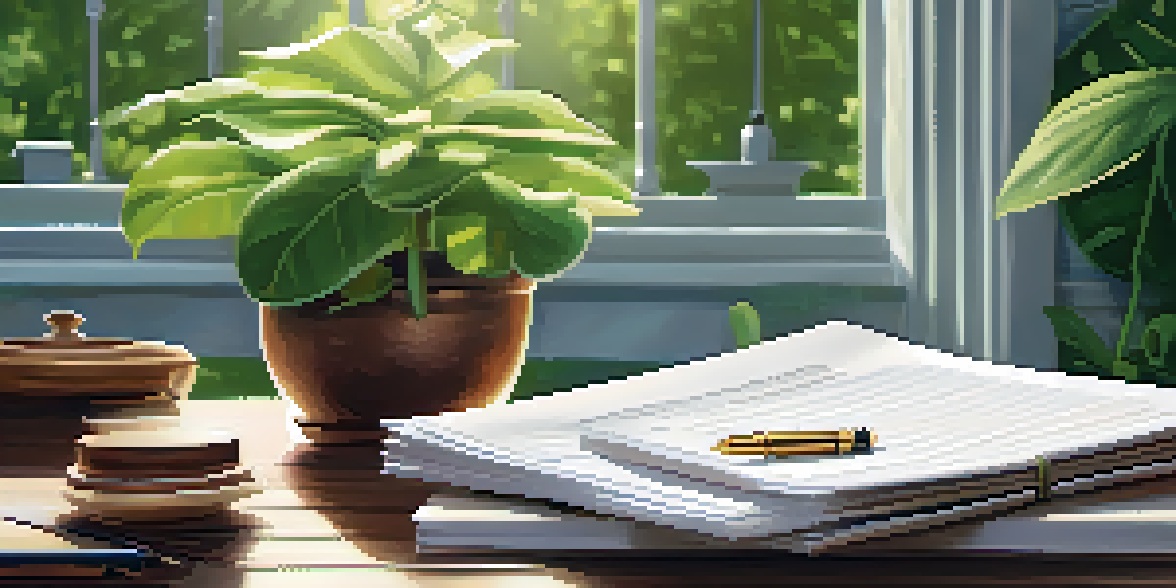 A wooden table with estate planning documents and a fountain pen in a green garden.