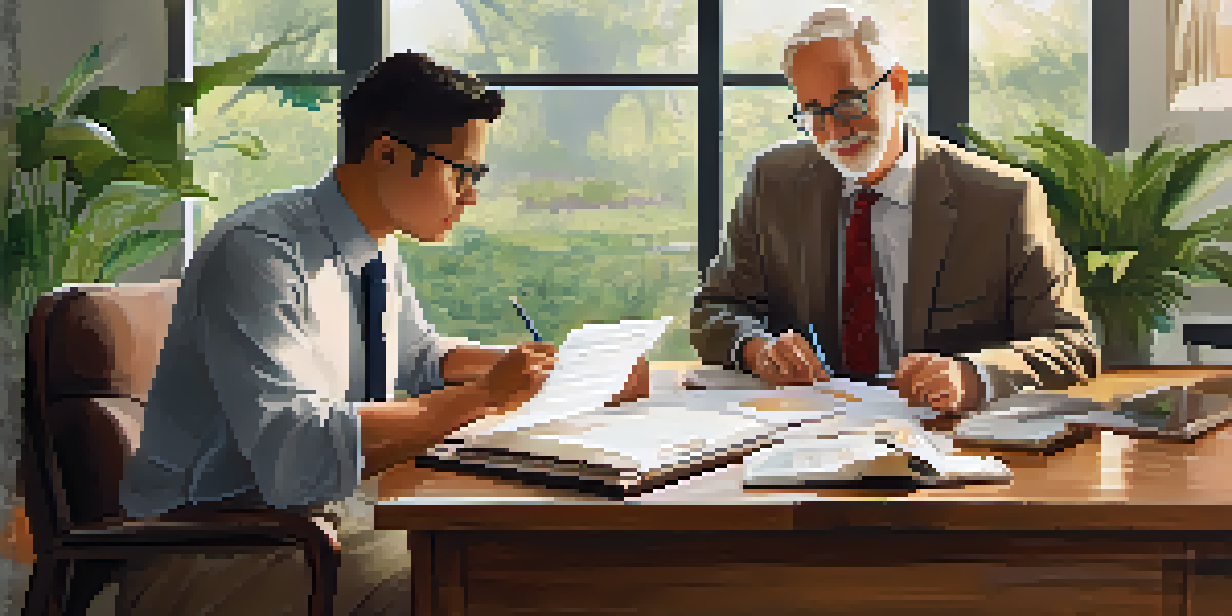 A financial mentor and mentee engaged in a discussion in a cozy office, with a laptop displaying investment graphs.