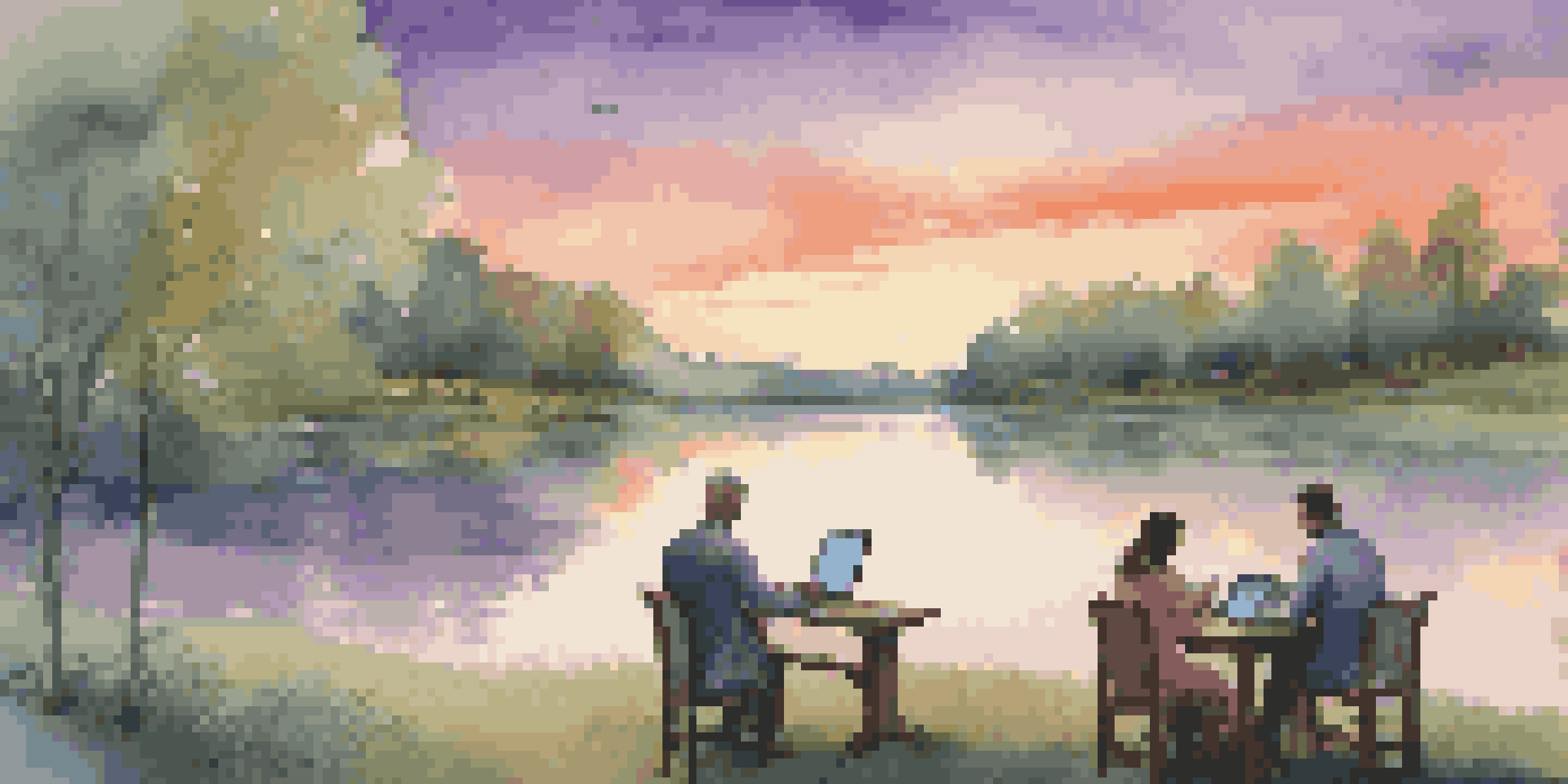 A peaceful landscape with investors analyzing bond market data at sunset, surrounded by nature.