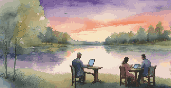 A peaceful landscape with investors analyzing bond market data at sunset, surrounded by nature.