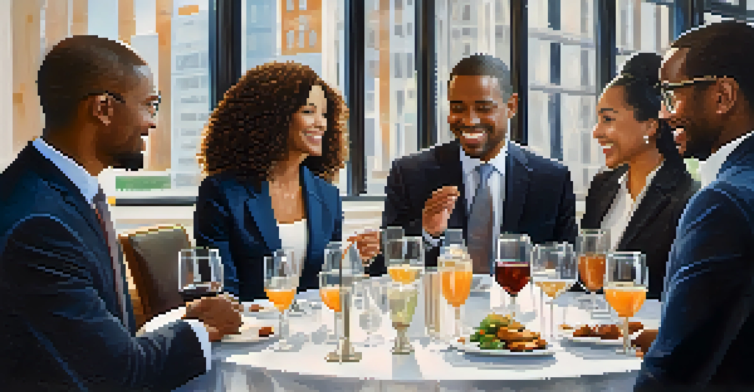 Finance professionals networking at an event, engaging in discussions in an elegant setting.