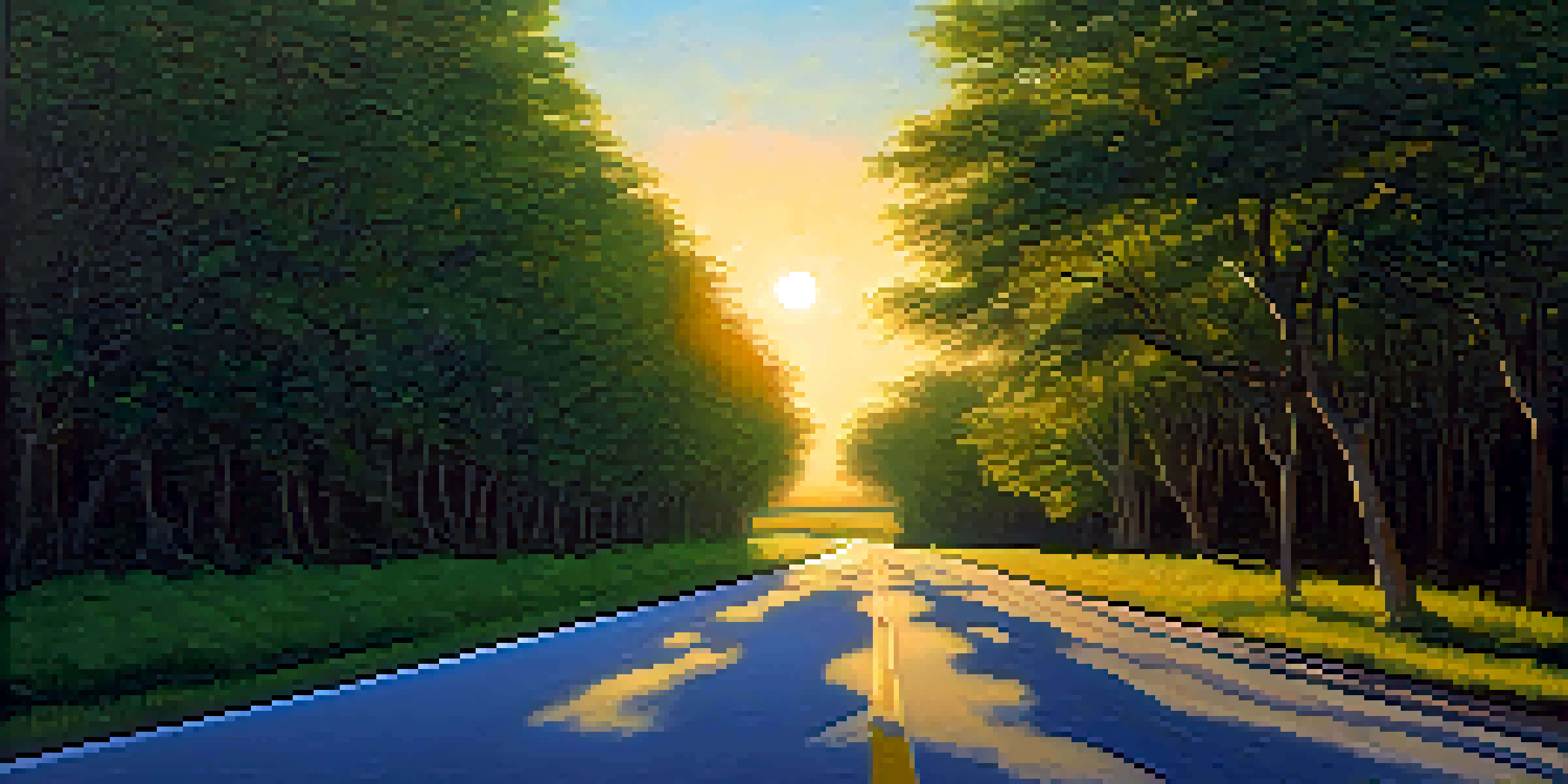 A winding road through a green landscape leading towards a sunset, symbolizing an investor's journey.