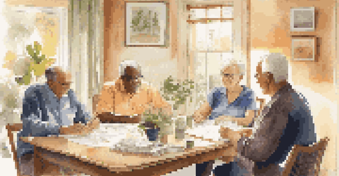 A group of older adults discussing retirement planning around a table with financial documents and charts in a bright, inviting room.