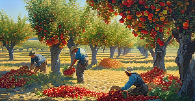 A farmer harvesting ripe fruit in a sunny orchard, with vibrant trees and warm sunlight creating a serene atmosphere.