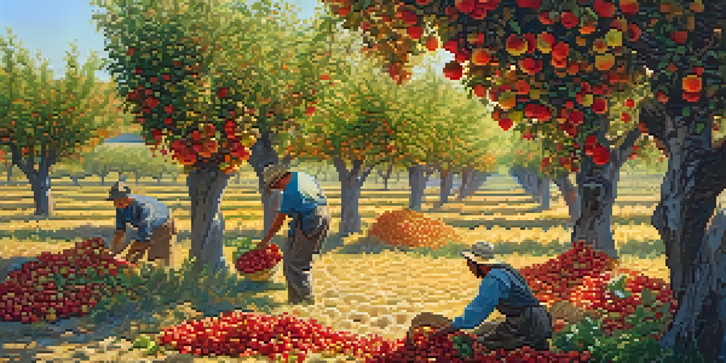 A farmer harvesting ripe fruit in a sunny orchard, with vibrant trees and warm sunlight creating a serene atmosphere.