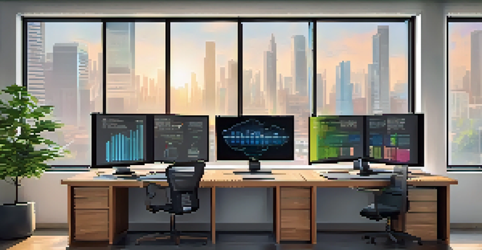 A bright and organized office workspace with multiple computer screens showing investment charts and graphs, plants, and motivational quotes on the walls.