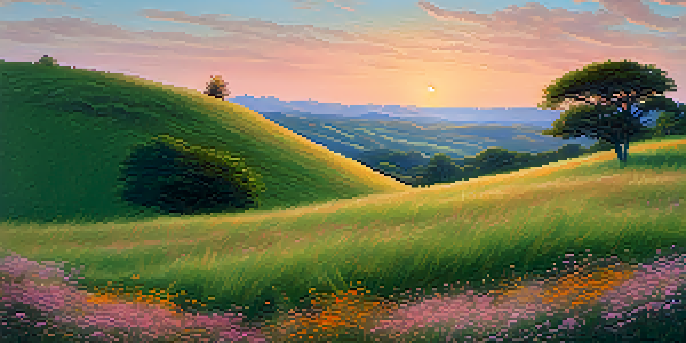 A picturesque sunset over a green hill with a strong tree, symbolizing growth and patience in long-term investments.