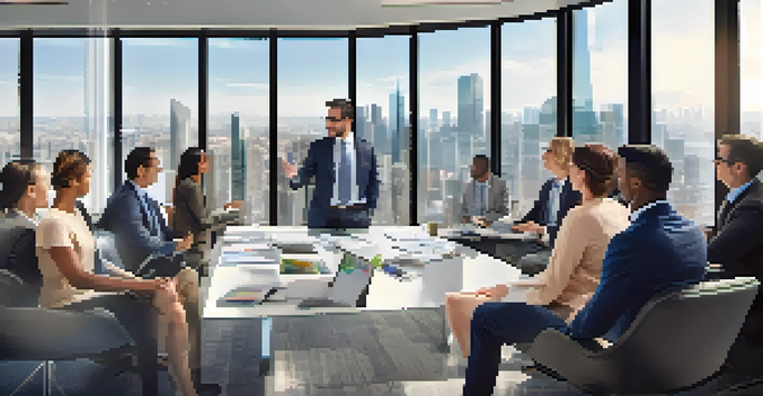A financial advisor presenting investment options to a diverse group in a well-lit office with city views, highlighting mutual funds and ETFs on a screen.