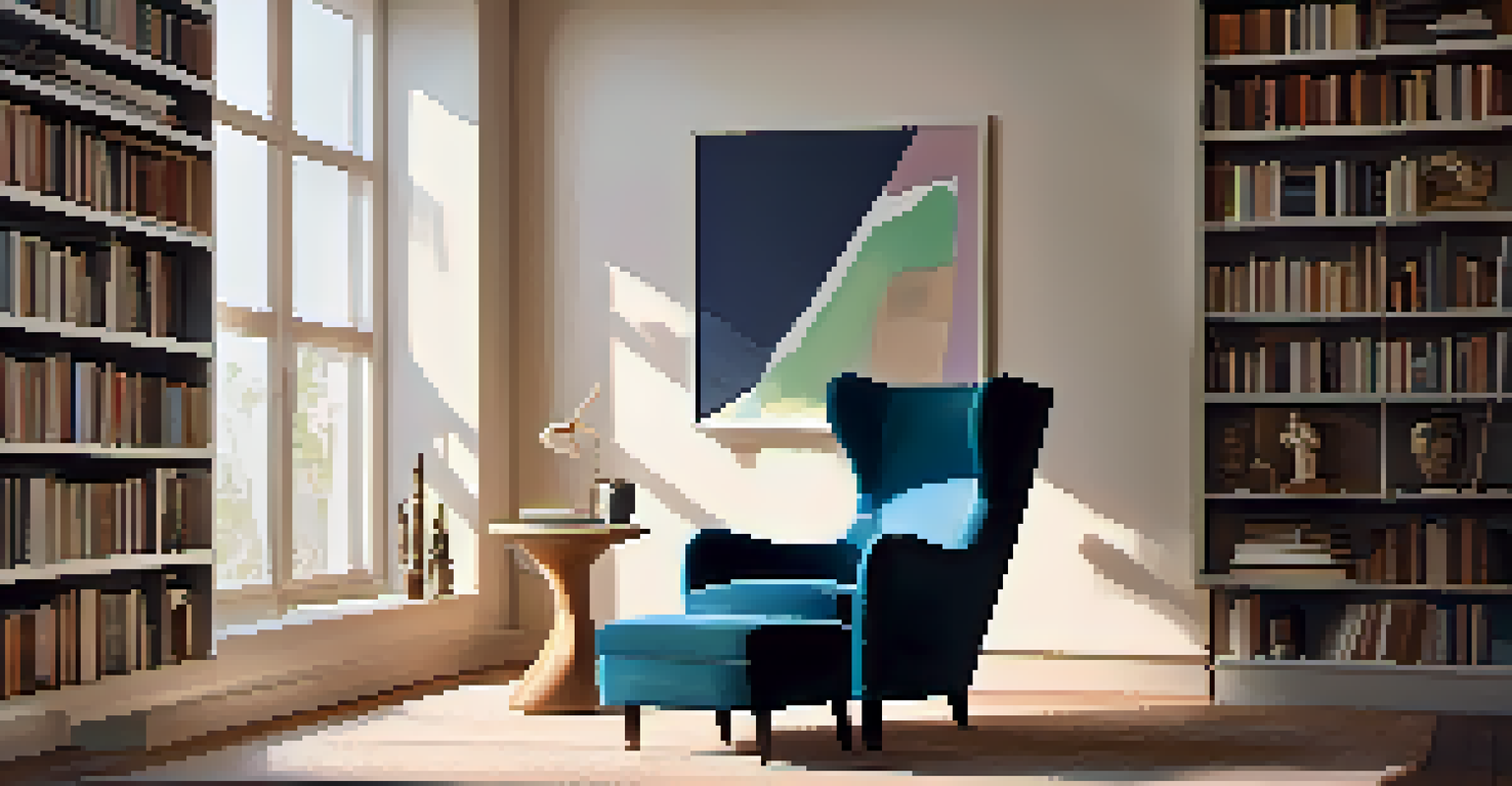 A home office with an abstract sculpture, bookshelves, and sunlight streaming through a window.