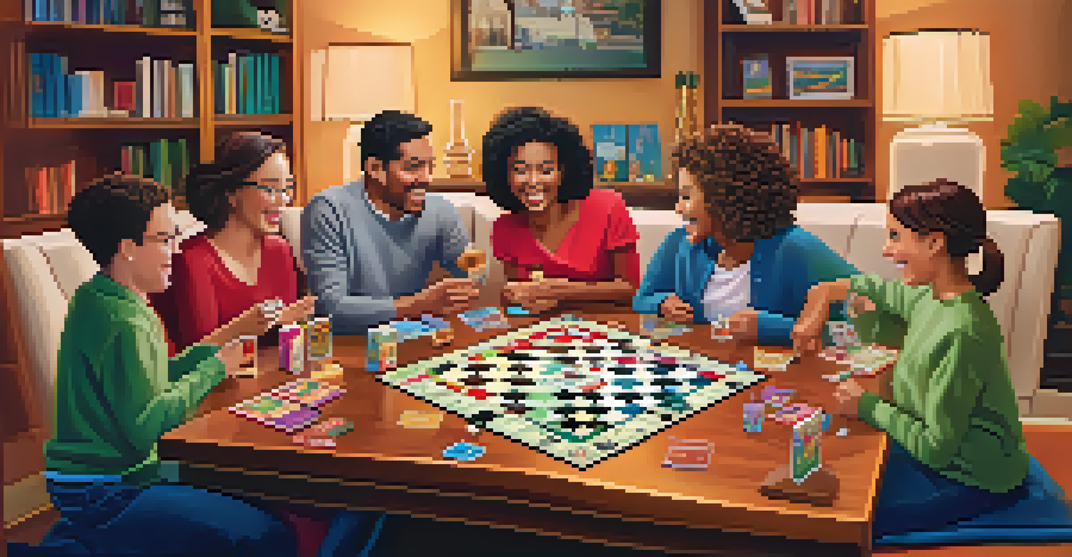 A family enjoying a game night with financial literacy board games and snacks in a cozy living room.