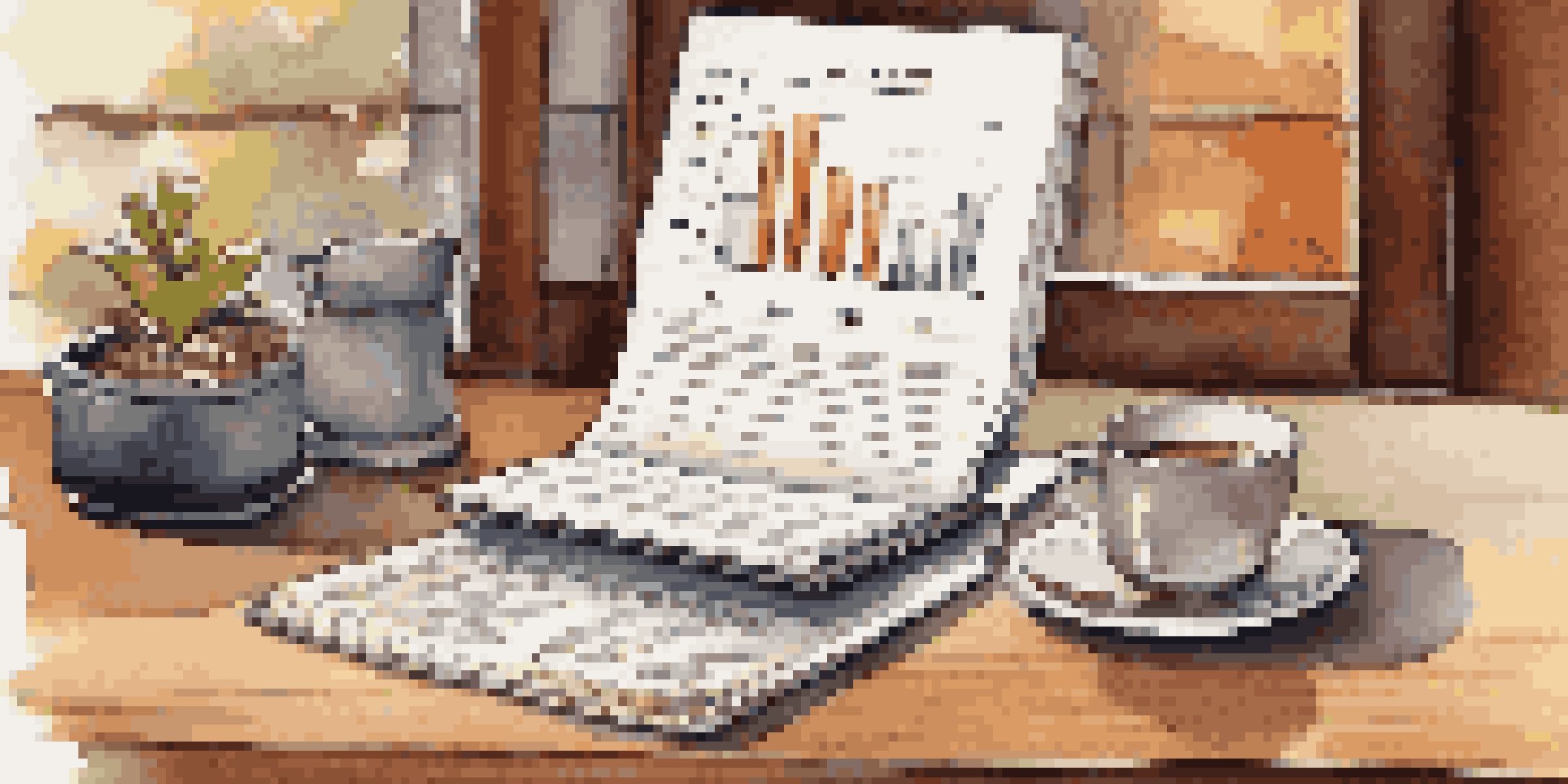 A close-up of a financial planner's desk with a notebook, laptop showing a graph, and a cup of coffee, all in warm lighting.