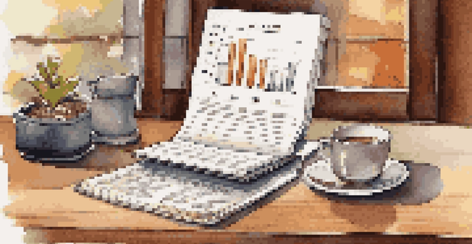 A close-up of a financial planner's desk with a notebook, laptop showing a graph, and a cup of coffee, all in warm lighting.