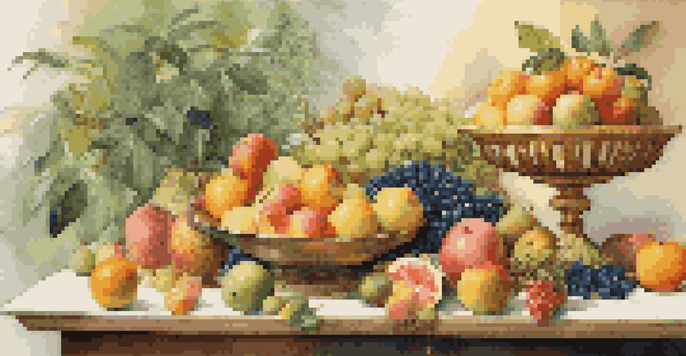 A table with a colorful assortment of fruits symbolizing financial diversification, with soft lighting and green plants in the background.