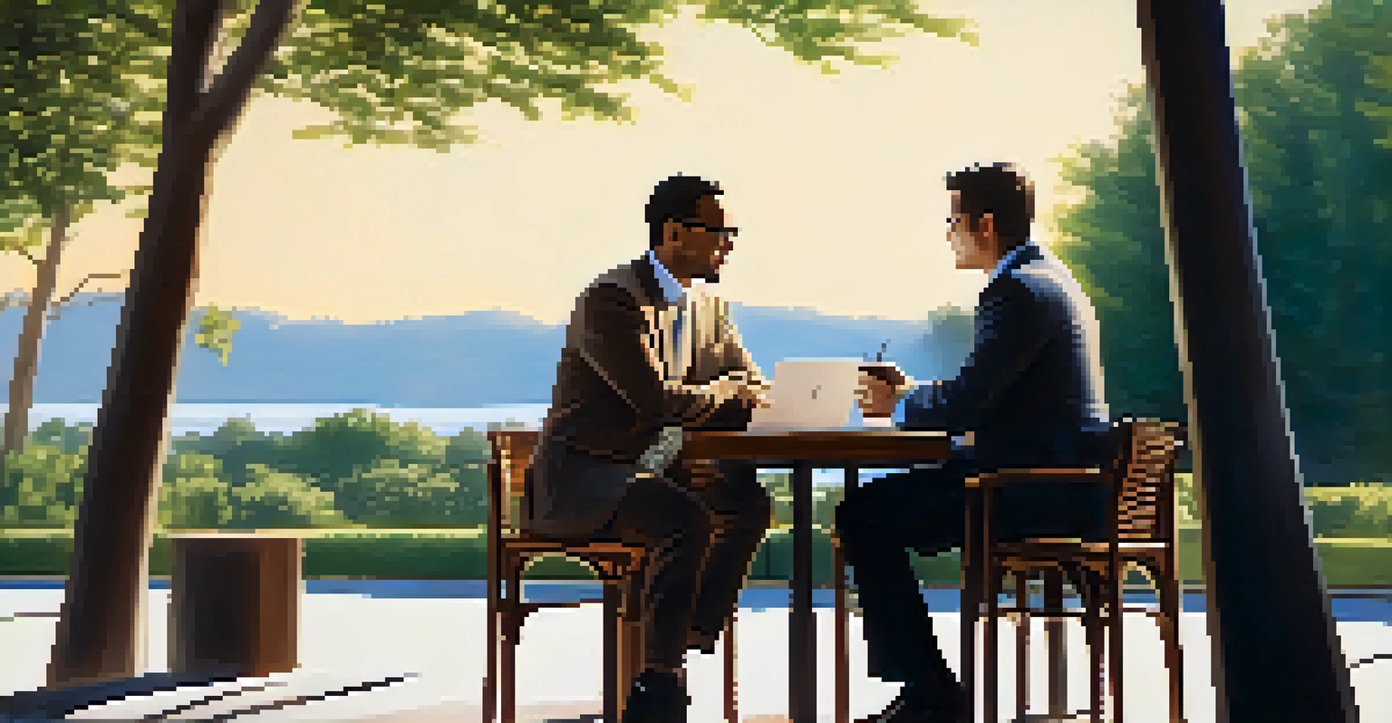 A financial advisor and client having an outdoor meeting at a café, discussing investment strategies with a laptop on the table.