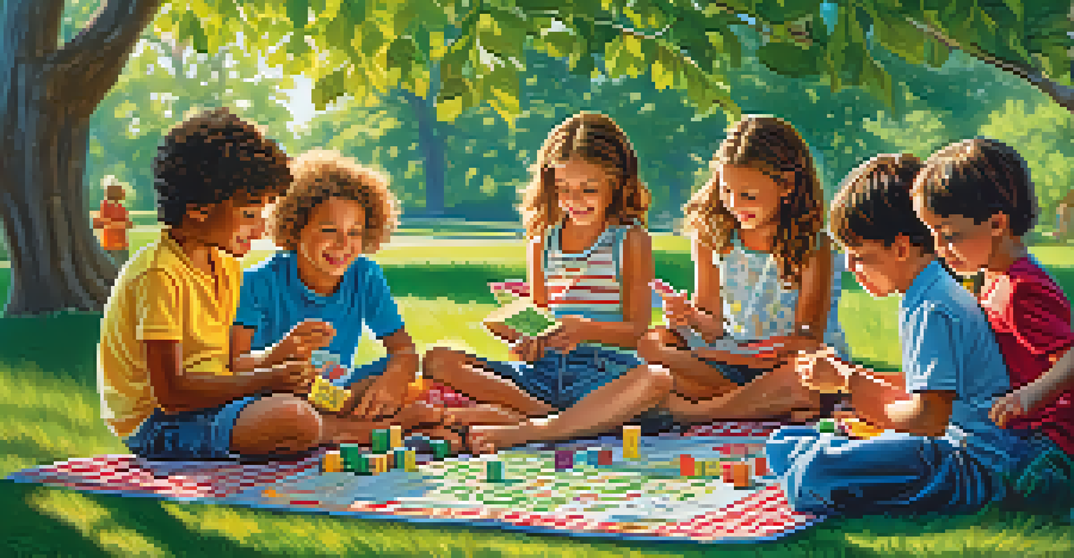 Children playing a money management board game on a picnic blanket in a sunny park.