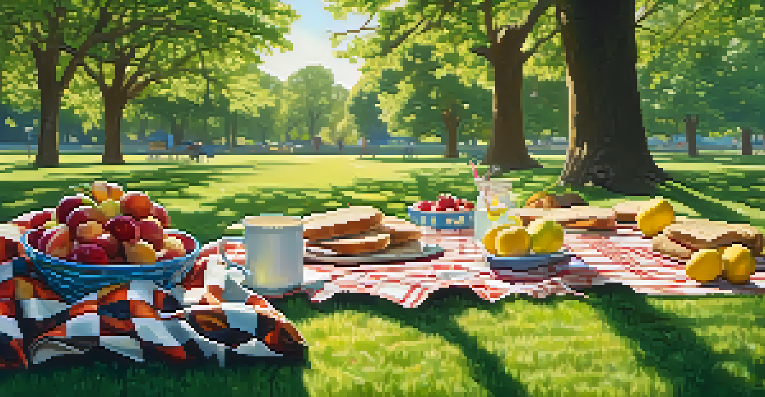 A picnic scene with a checkered blanket on the grass, surrounded by fresh fruits and sandwiches, under the shade of trees in a sunny park.