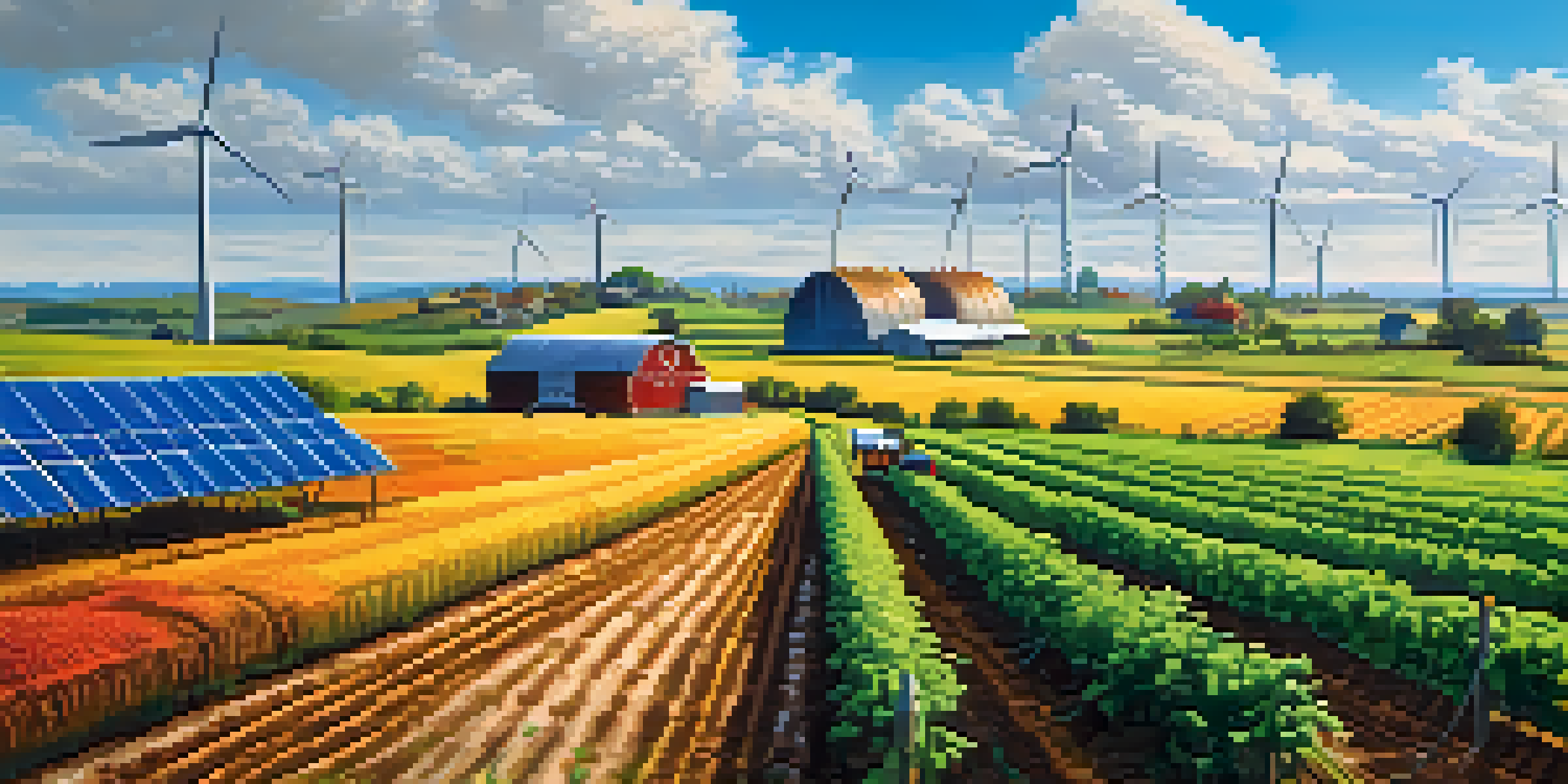 A sustainable farm with solar panels, wind turbines, and colorful crops under a bright blue sky with a farmer working in the fields.