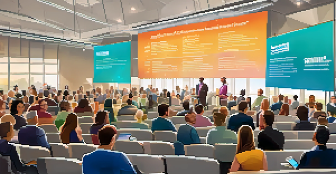 A busy crowdfunding event with diverse entrepreneurs presenting to an audience in a bright conference hall.