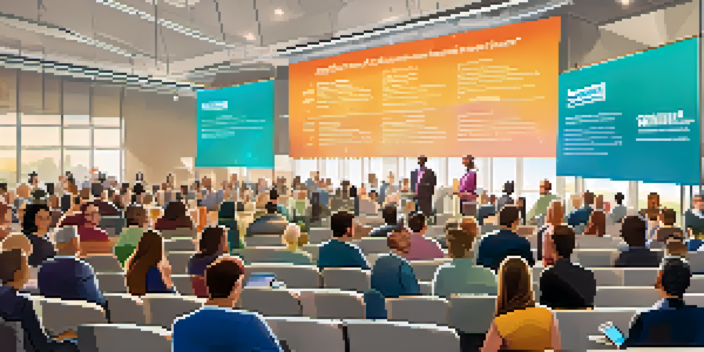 A busy crowdfunding event with diverse entrepreneurs presenting to an audience in a bright conference hall.