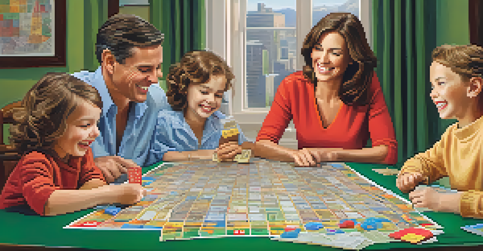 A happy family playing a board game about stock trading, with fake money and charts, enjoying their time together.
