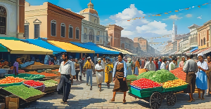 A busy marketplace with stalls of produce and goods, high prices displayed, and people carrying large amounts of cash, illustrating the effects of hyperinflation.