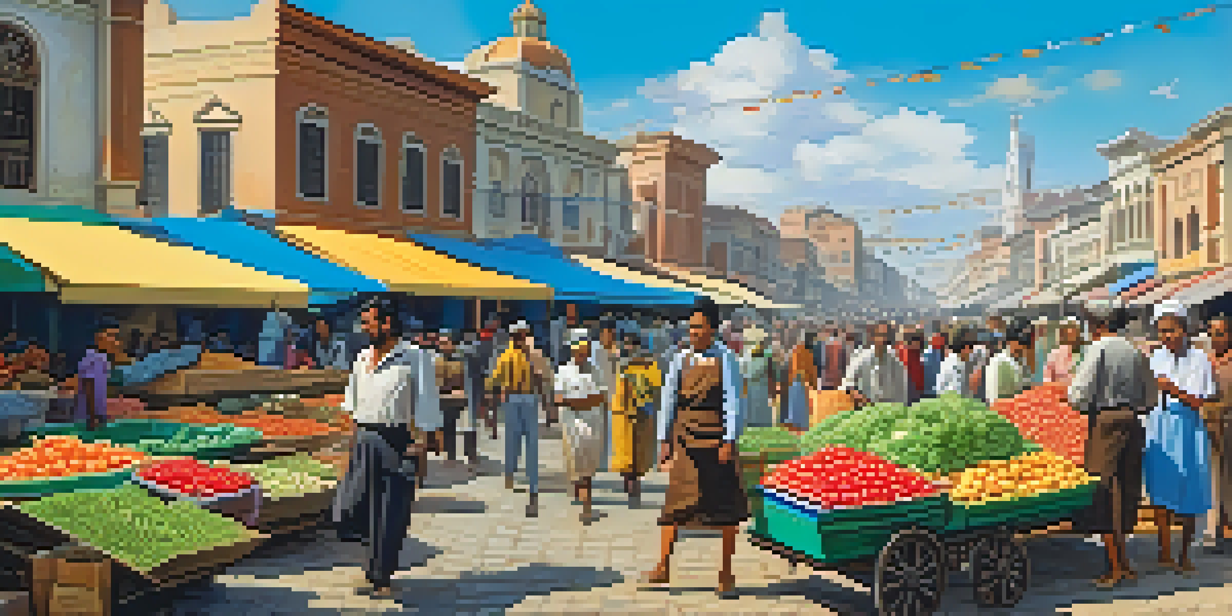 A busy marketplace with stalls of produce and goods, high prices displayed, and people carrying large amounts of cash, illustrating the effects of hyperinflation.
