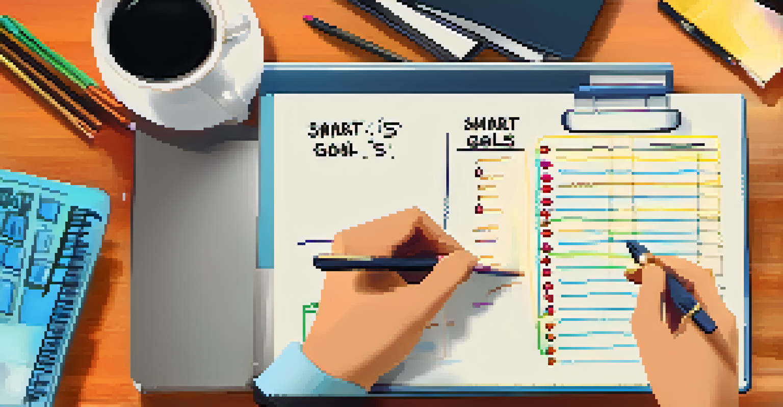 A hand writing financial goals on a notepad, with budgeting software visible on a laptop in a cozy workspace.