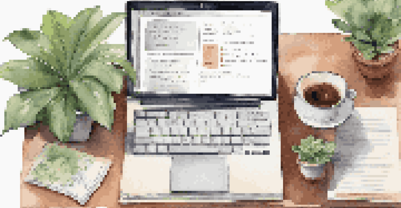 An overhead view of a workspace featuring an open laptop on a financial education website, with a notebook and a cup of coffee.