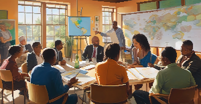 A diverse group of people gathered in a sunlit room, discussing local projects with charts and maps, reflecting collaboration and community engagement.