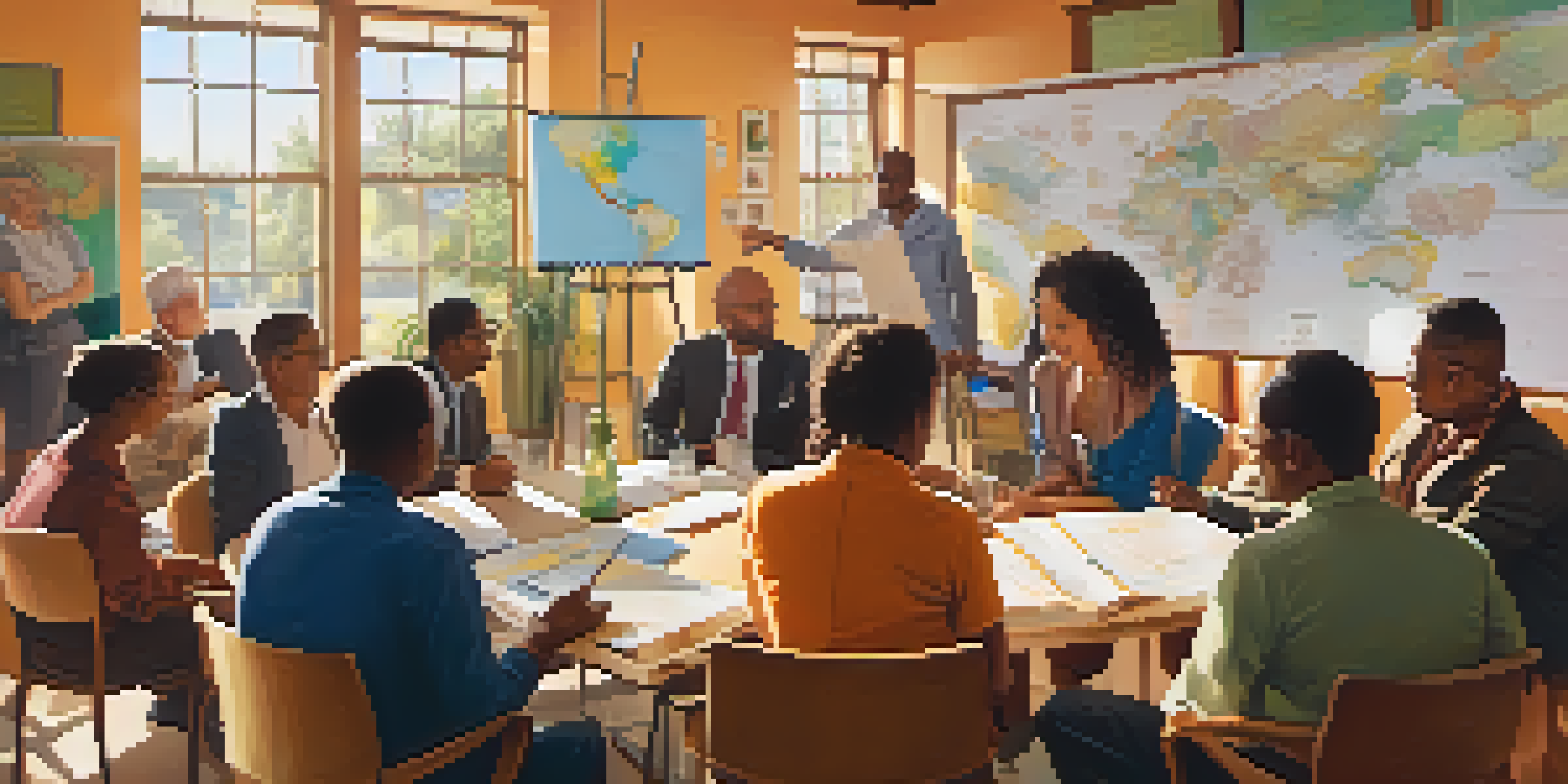 A diverse group of people gathered in a sunlit room, discussing local projects with charts and maps, reflecting collaboration and community engagement.
