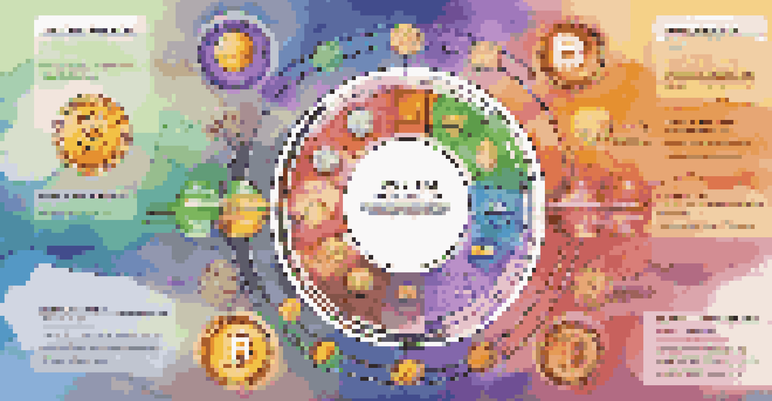 An infographic depicting diversification in crypto investments with various cryptocurrency symbols and colorful designs.