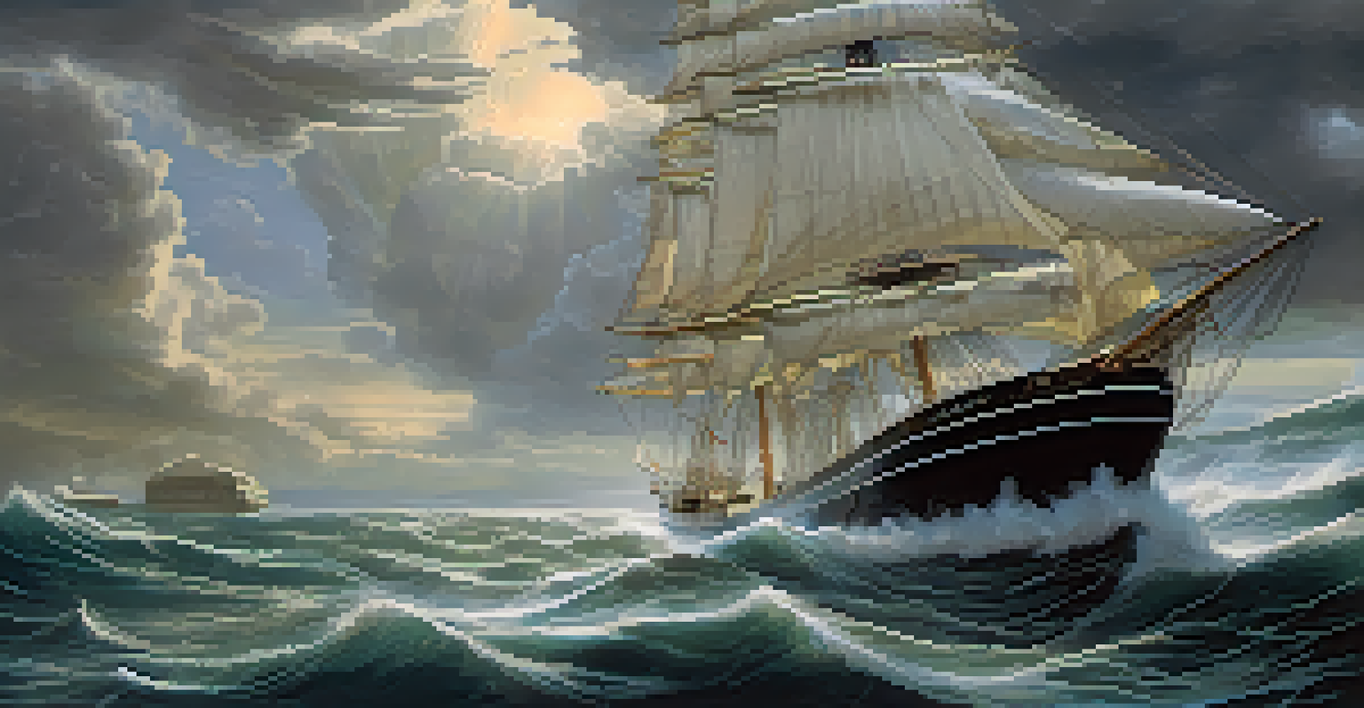 A ship with a central bank logo navigating turbulent waters towards calmer seas.