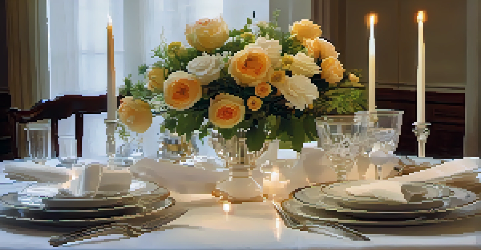A beautifully arranged dining table with fine china, silverware, candles, and flowers.