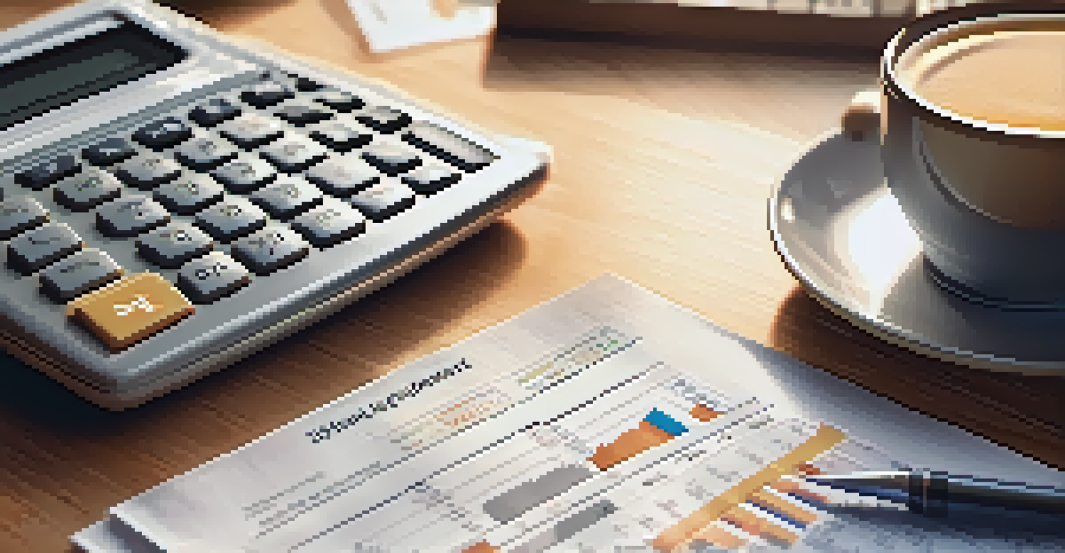 A close-up of a financial report on a wooden desk with a calculator, pen, and coffee cup, showcasing financial data.