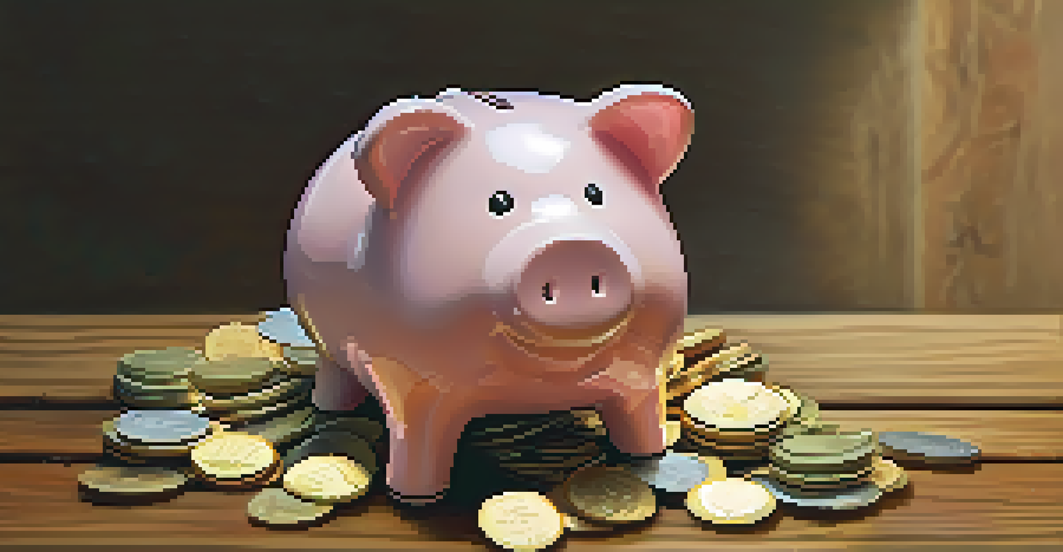 A close-up of a colorful piggy bank surrounded by coins on a wooden table, capturing the theme of savings and financial planning.