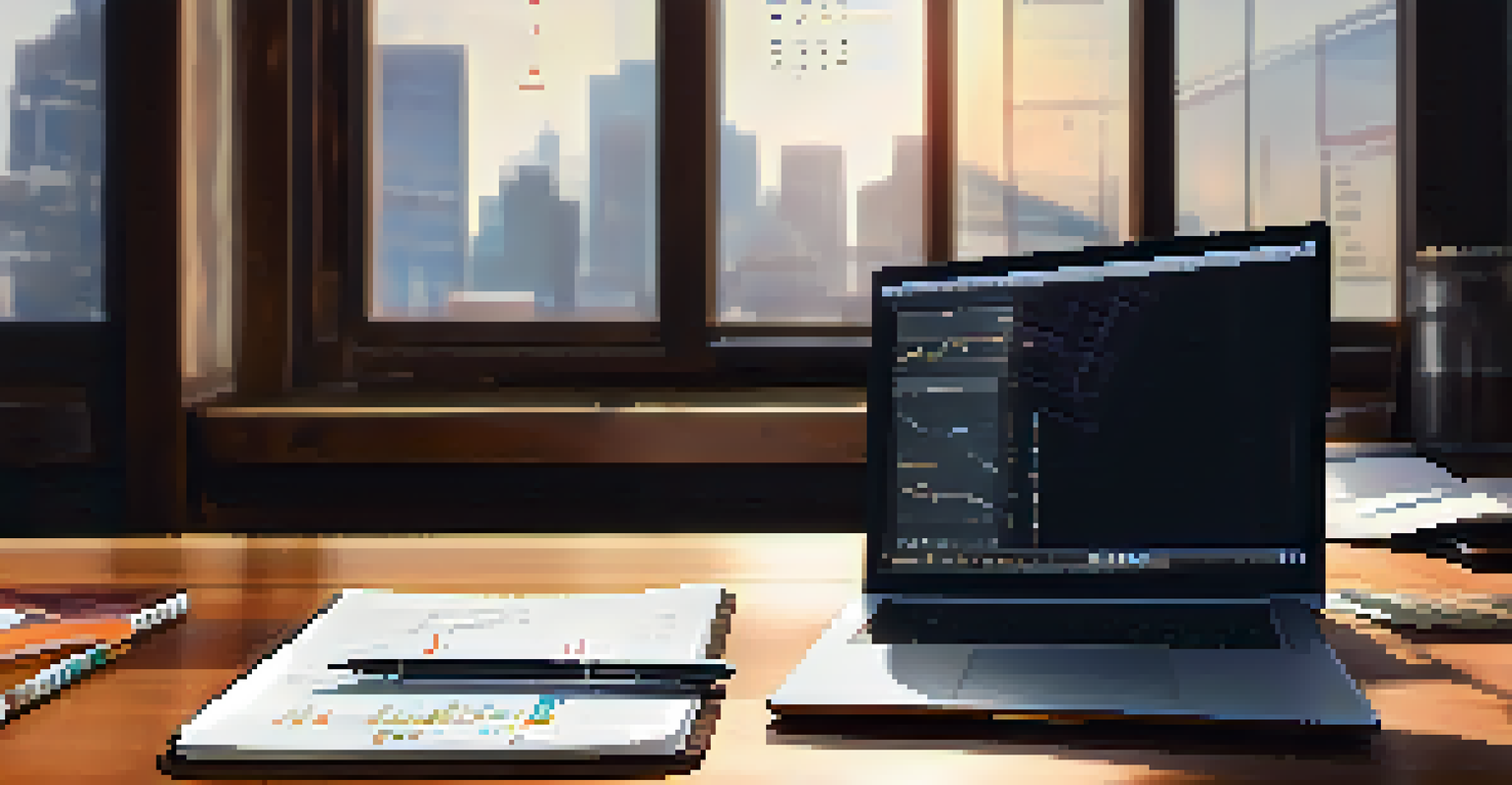 A workspace with an open notebook, coffee cup, and laptop showing stock data.