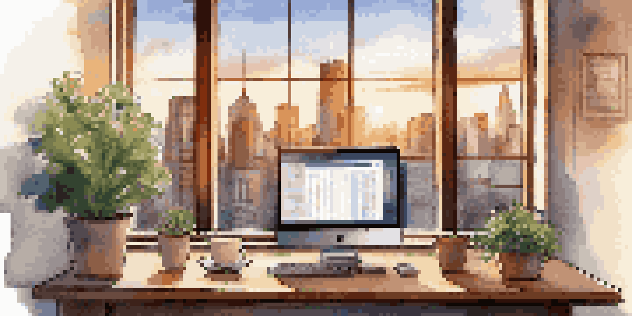 A modern financial workspace with a laptop showing stock market graphs, a city skyline at sunset, a potted plant, and a coffee cup.