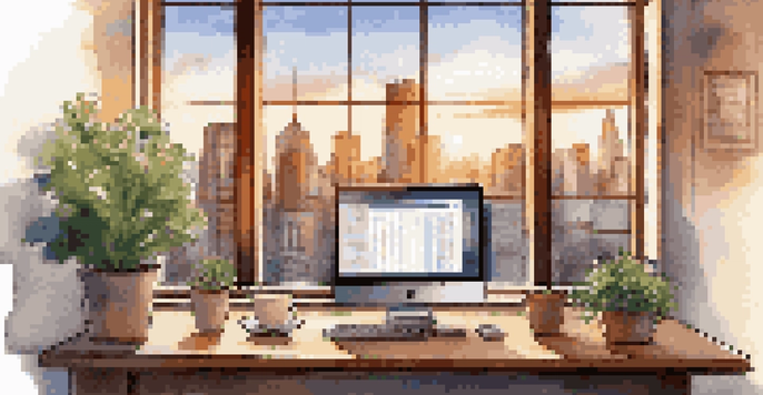 A modern financial workspace with a laptop showing stock market graphs, a city skyline at sunset, a potted plant, and a coffee cup.