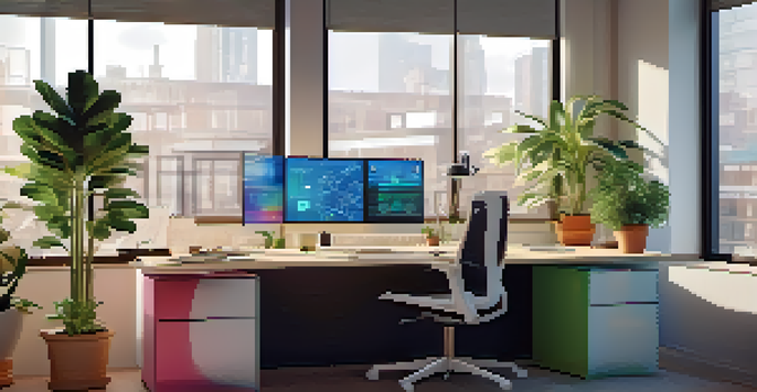 A modern workspace with a computer showing a robo-advisor interface, a potted plant, notepad, and coffee cup, illuminated by natural light.