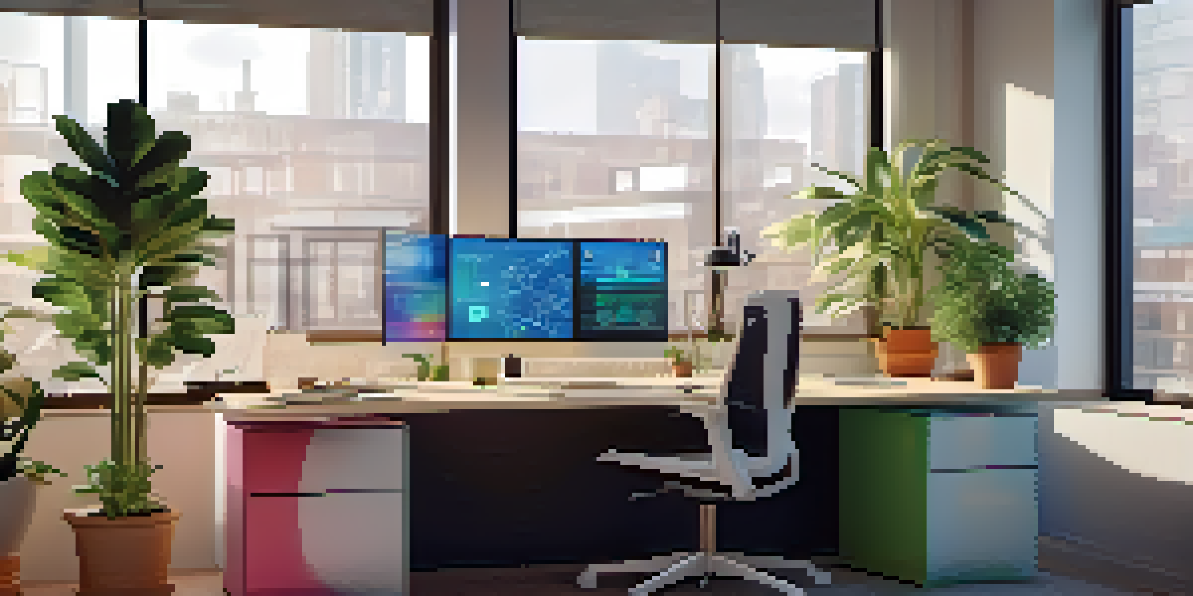 A modern workspace with a computer showing a robo-advisor interface, a potted plant, notepad, and coffee cup, illuminated by natural light.