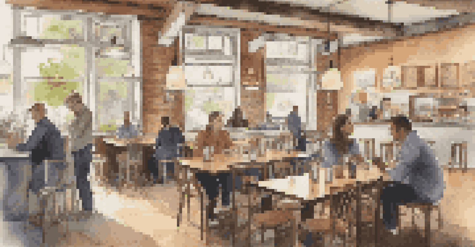 People networking and discussing finance in a cozy coffee shop, with warm lighting and a relaxed atmosphere.