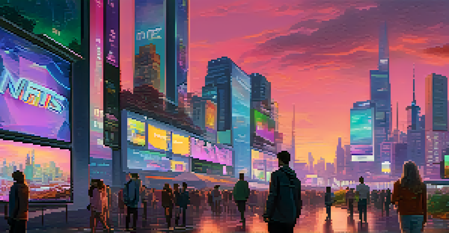 A futuristic cityscape with neon-lit billboards showcasing NFTs and people interacting with their devices.