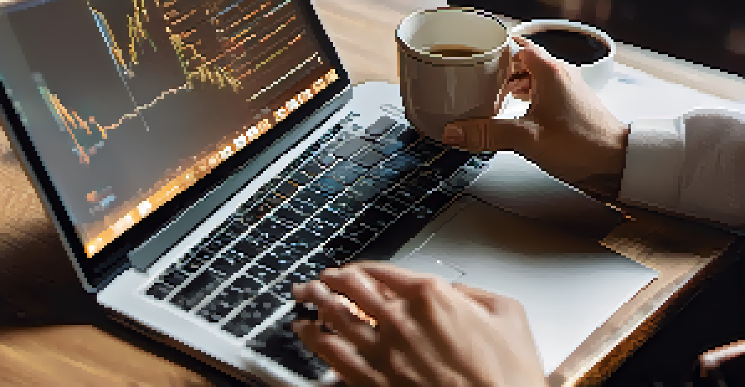 Close-up of a financial professional's hands on a laptop, with financial graphs on the screen and a coffee cup beside.