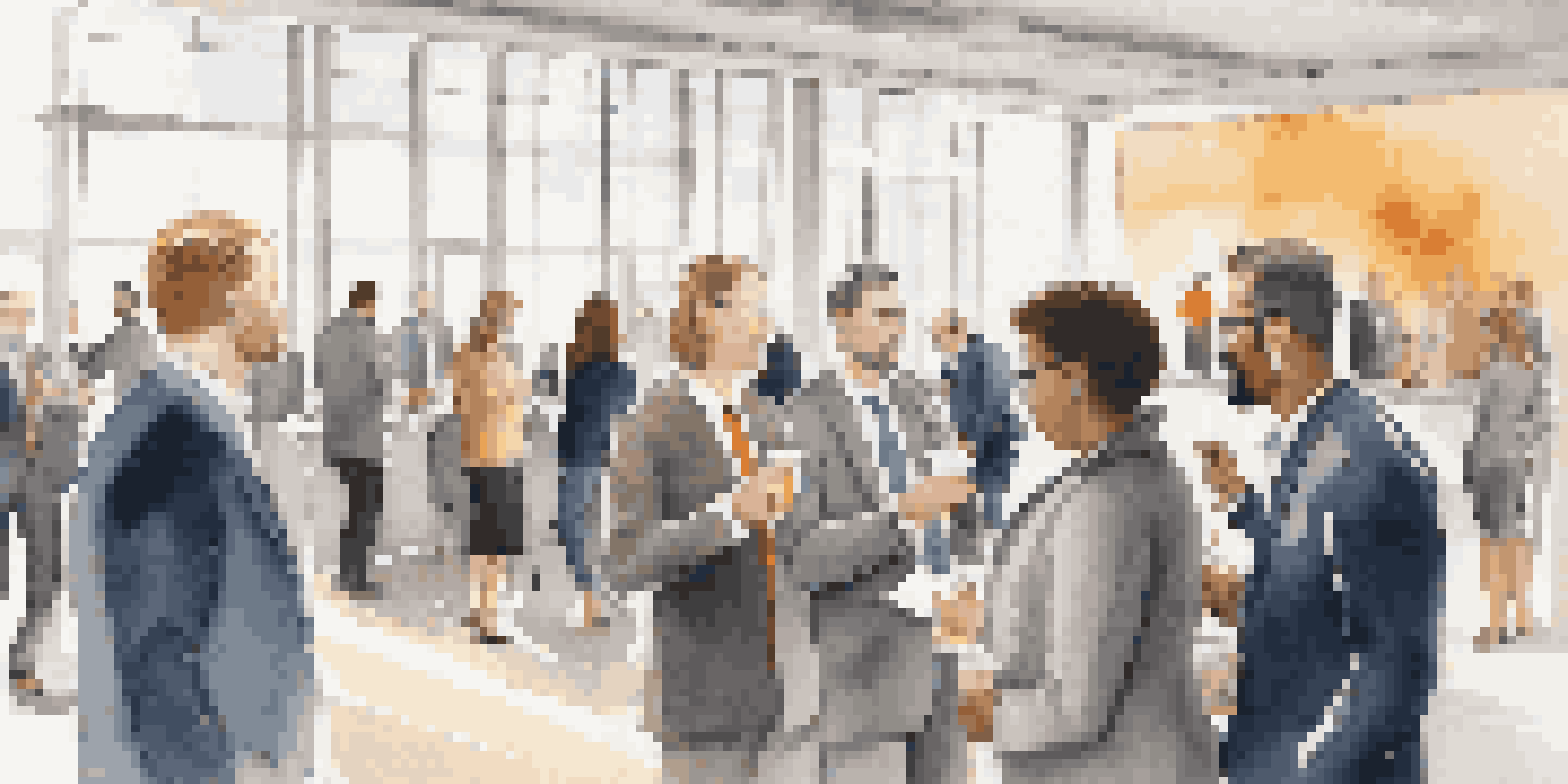 A diverse group of professionals networking in a bright conference hall, exchanging business cards and engaging in conversations.