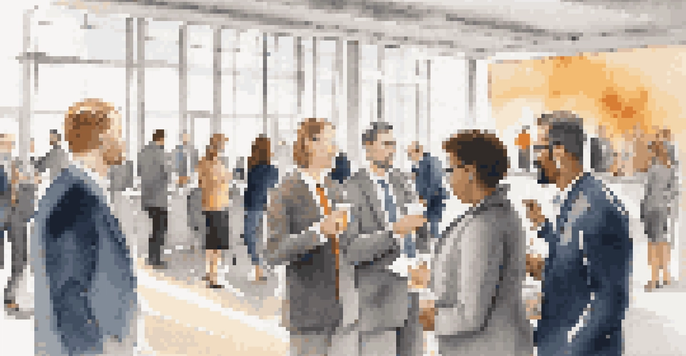 A diverse group of professionals networking in a bright conference hall, exchanging business cards and engaging in conversations.