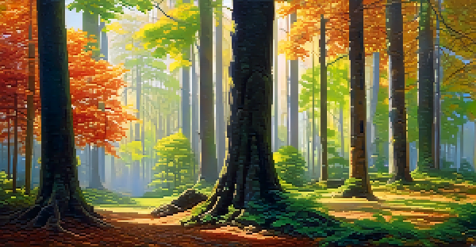 A vibrant forest with various types of trees representing different investment assets, with sunlight filtering through the branches.