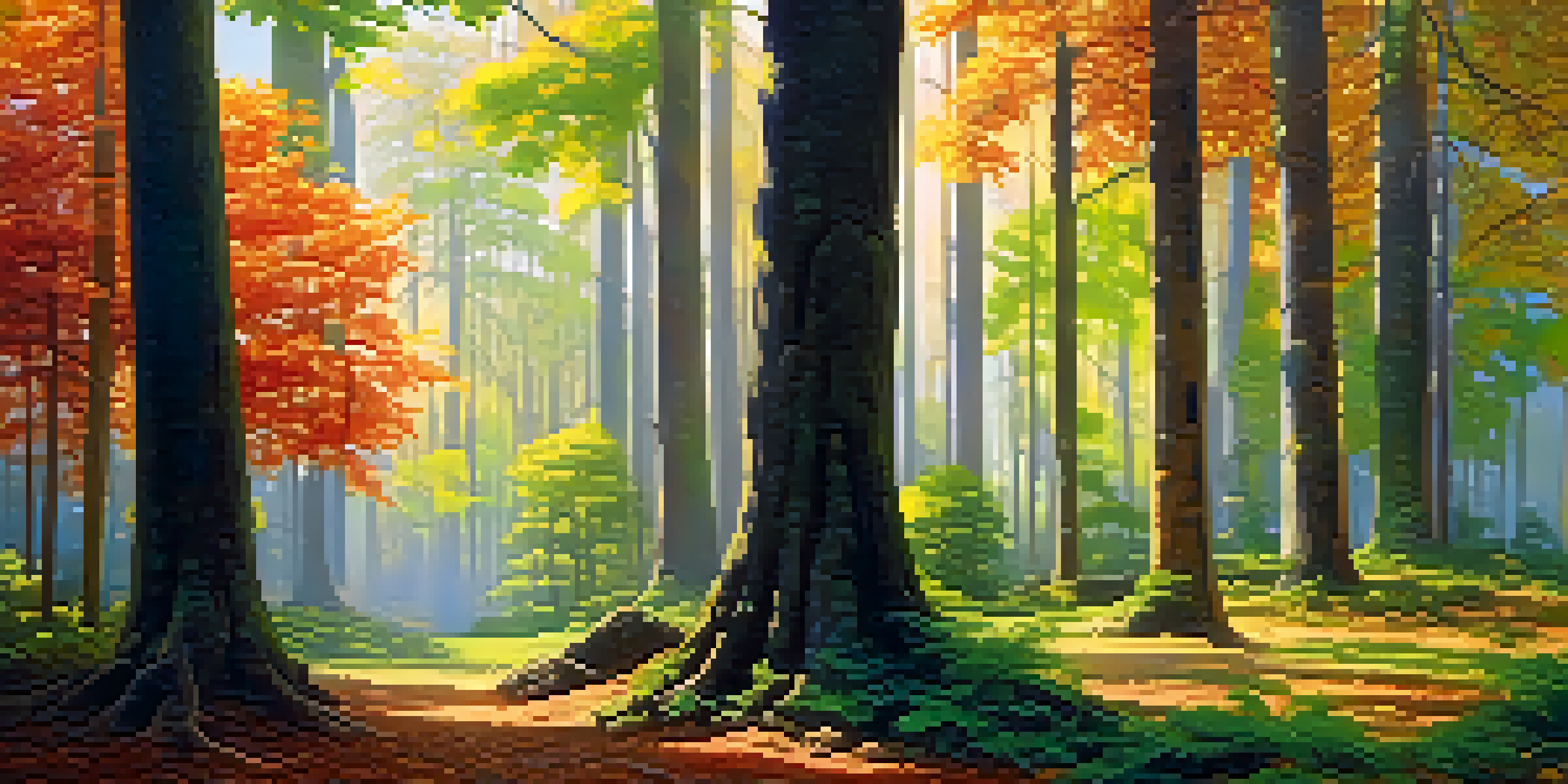 A vibrant forest with various types of trees representing different investment assets, with sunlight filtering through the branches.