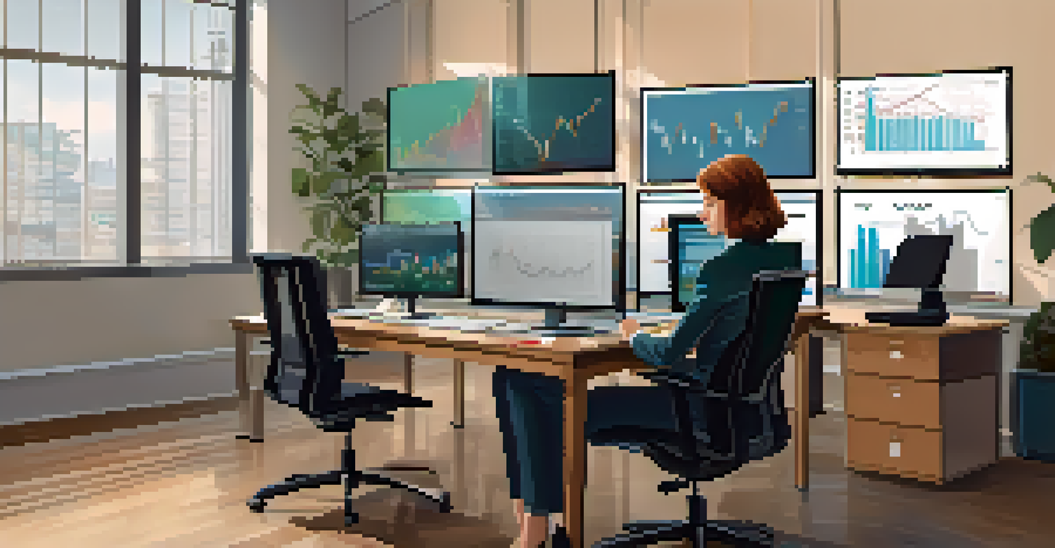 A middle-aged woman investor analyzing market trends in a well-lit office with multiple screens displaying charts.