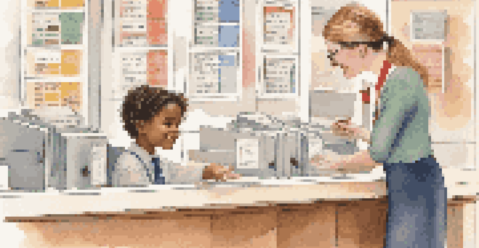 A bank teller explaining savings and interest rates to a curious child in a friendly bank setting.