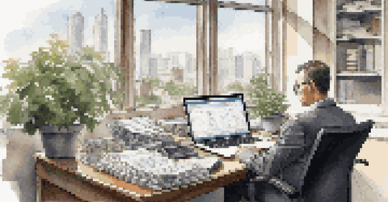 An accountant analyzing financial documents at a desk with a calculator and laptop, in a bright office.